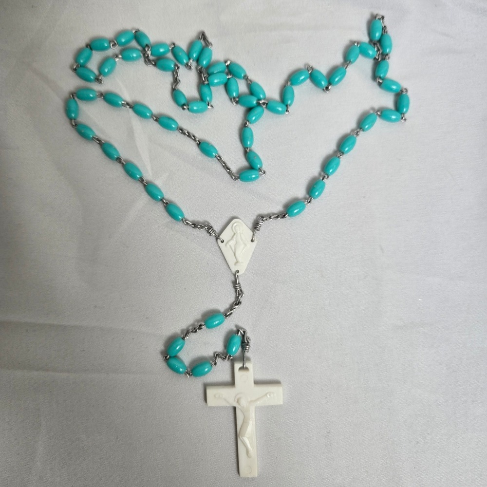 Vintage Rosary, Blue Beading, Silver‎ Tone Chain, White Pendants, 32"